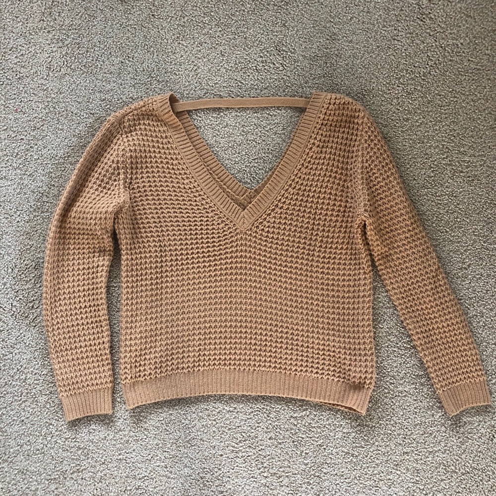 Forever 21 Camel Tan Waffle Knit Deep V Open Back Boho Sweater Size M